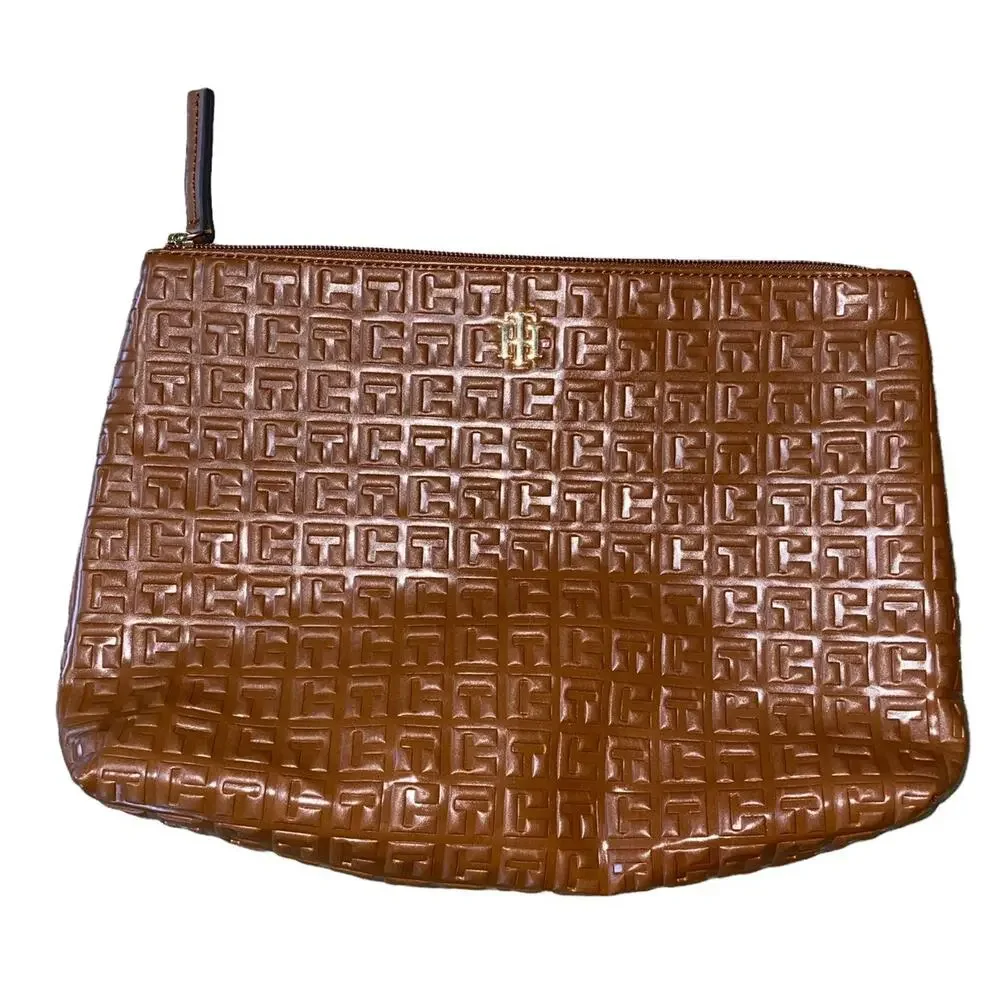 Tommy Hilfiger Faux Leather TH Embossed Brown Gold Accent Zipped Pouch Bag 13